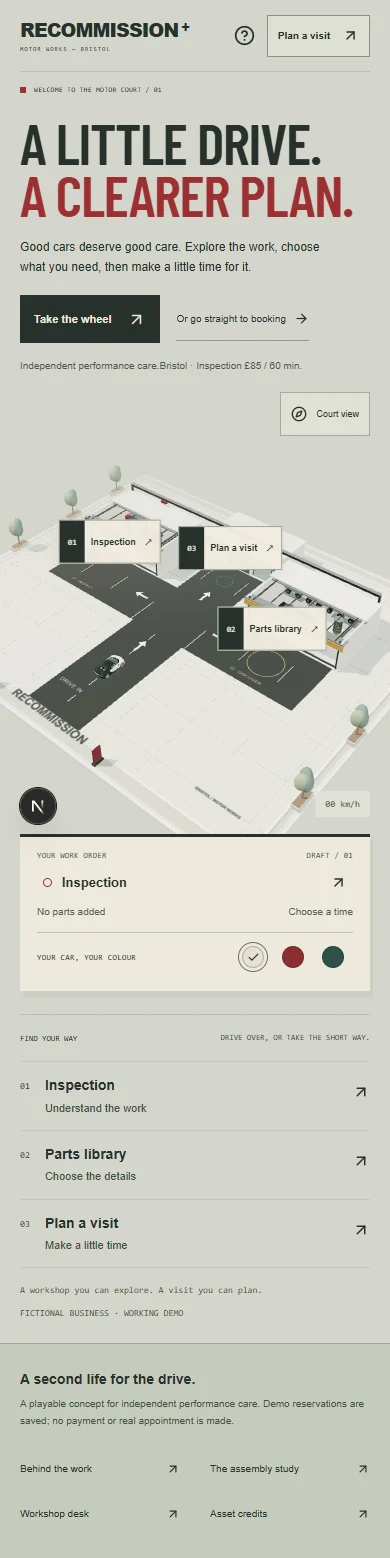 Historical Next.js Motor Court phone composition with the workshop offer, compact courtyard and direct booking controls